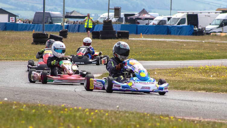 Benjamin Bradshaw leads the field on his way to claiming a full house of wins in the Honda cadet extreme class at Jurby on Sunday (Photo: Leo Tregurtha Photography)