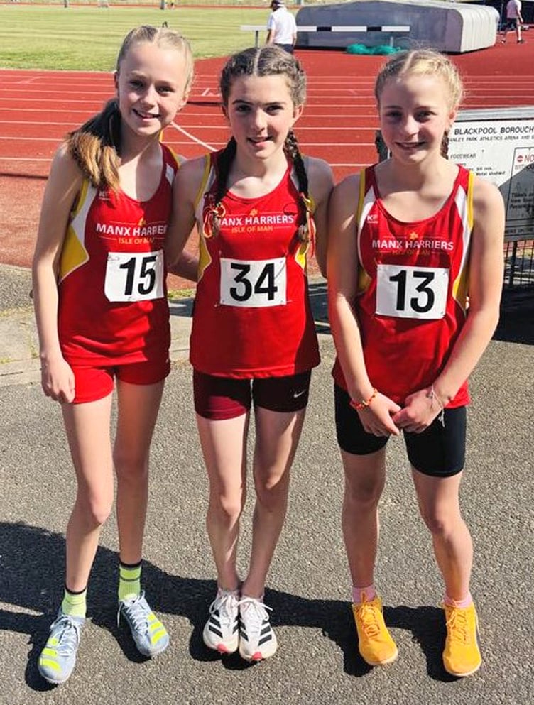 Manx Harriers trio (left to right) Mollie McMullan, Eve Martin and Elizabeth Clennell all starred for the island at the Lancashire Track and Field Championships held at Stanley Park in Blackpool last weekend (Photo: Emma McMullan)