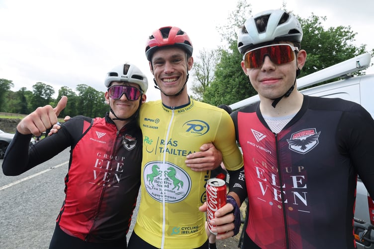 Rás Tailteann overall winner George Kimber is flanked by his Cycling Club Isle of Man team-mates Ivan Sorby (right) and Callum Salisbury after sealing the yellow jersey in the Irish race (Photo: Lorraine O'Sullivan)