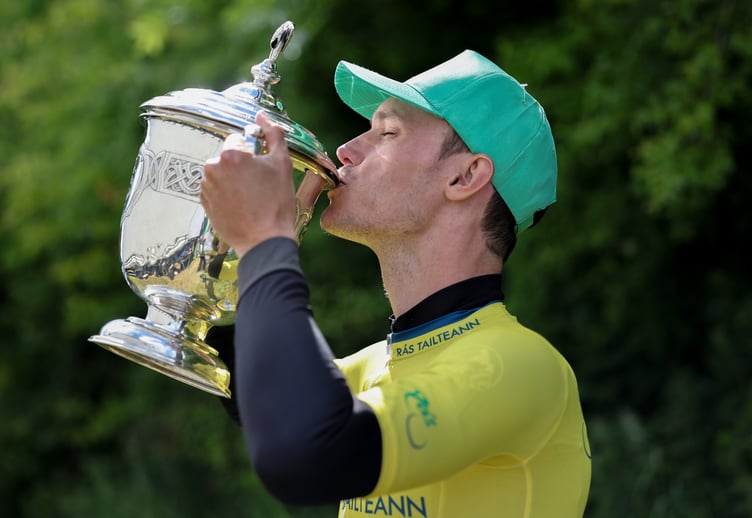 Cycling Club Isle of Man rider George Kimber kisses the Rás Tailteann trophy after winning the prestigious Irish race, the Manx club's biggest result to date (Photo: Lorraine O'Sullivan)
