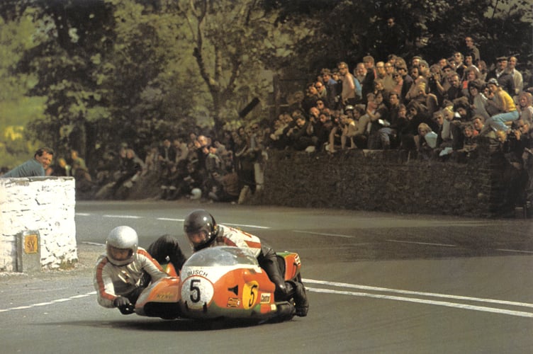 World champions Rolf Steinhausen and Josef Huber at Ballacraine on their way to winning the 500cc sidecar race