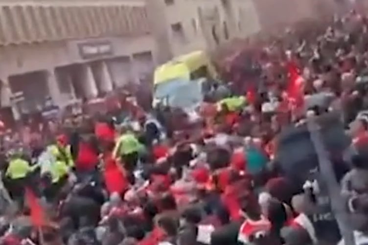 Scene in Water street, Liverpool after a car collides with football supporters