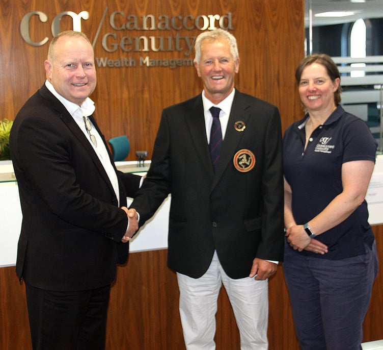 Canaccord Genuity's Stuart Wilson (left) with Karen Faragher Isle of Man Golf president Gary Ashe