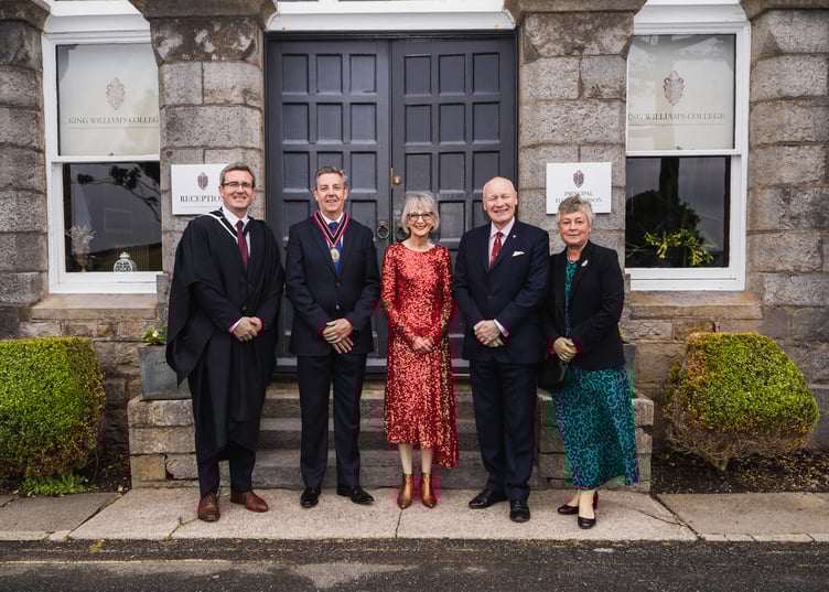 (Left to right) Principal Damian Henderson, chair of governors Peter Clucas, guest of honour Dot Tilbury MBE, Lieutenant Governor Sir John Lorimer and Lady Philippa Lorimer