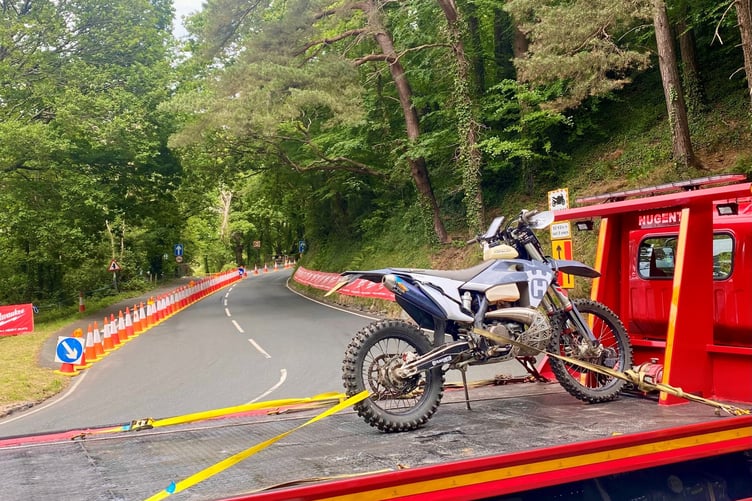 Motorbike seized by police after the rider was caught speeding at Ramsey Hairpin and had no licence or insurance