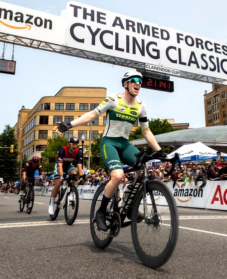 Manx cyclists Matty Bostock celebrates as he crossed the finish line to win the Clarendon Cup in America on Sunday. 
The race formed part of the annual Armed Forces Cycling Classic in Arlington, Virginia (Photo: Armed Forces Cycling Classic)
