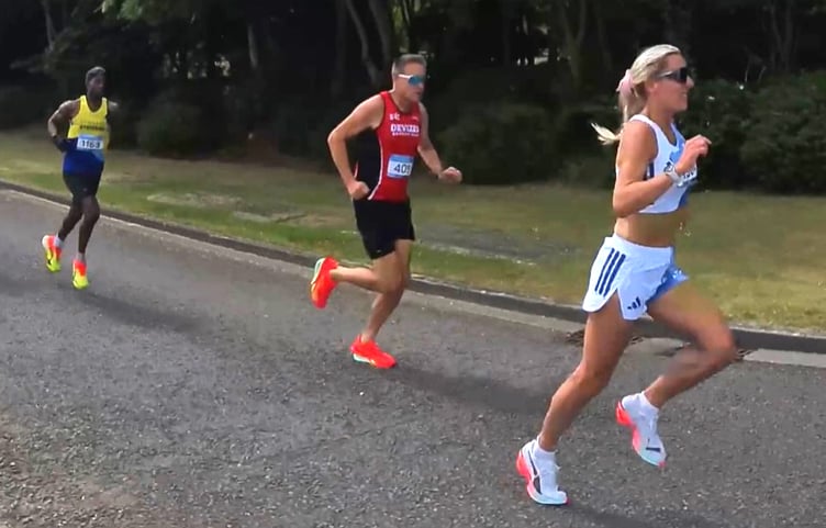 Christa Cain in full flight on her way to winning the Green Park Reading 10km on Sunday