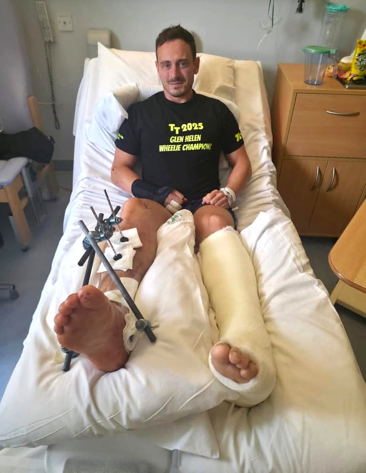 Maidstone rider Tom Weeden of Maidstone crashed at Glen Helen last Friday, suffering a dislocated tib and fib, smashed right ankle, broken hand and a damaged little finger.