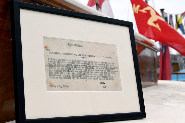 An original signal received by Lady of Mann during Operation Dynamo, carried aboard Lady of Mann lifeboat No.8