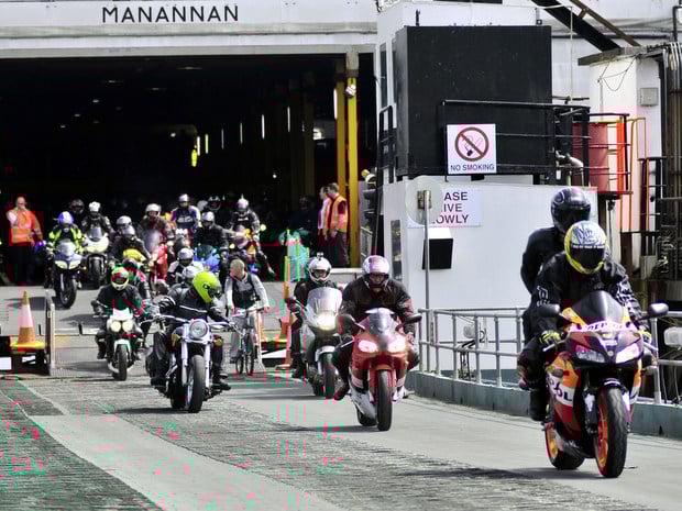 Bikers arriving on the Isle of Man during TT 2025