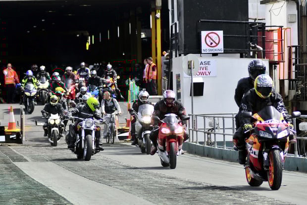 Bikers arriving on the Isle of Man during TT 2025