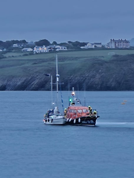 Peel's RNLI lifeboat towing the casualty vessel back into Peel on Monday evening
