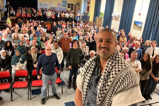 Yousef with islanders who came to the screening of 'the Phoenix of Gaza'.