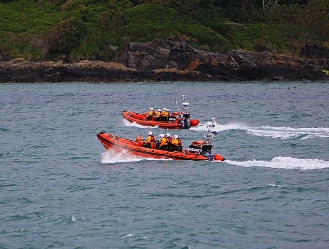 Port Erin's outgoing Atlantic 85 class lifeboat, the Muriel and Leslie, alongside the incoming Neil Crowe