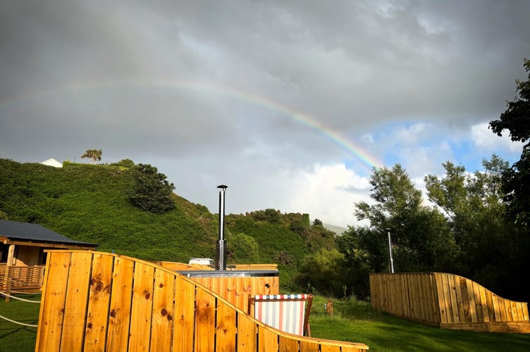 A rainbow over the Glen Wyllin luxury cabins on Sunday evening