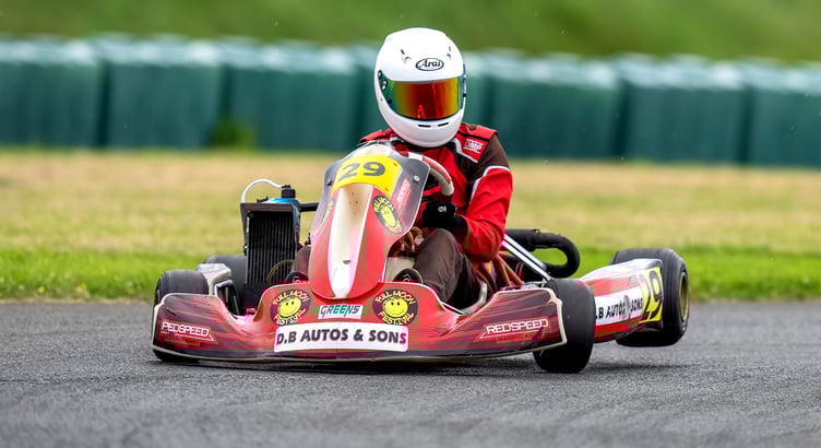 Travis Bradshaw in action on his way to a full house of victories in the junior Rotax in the fifth round of the Isle of Man Kart Racing Association Championship at Jurby on Sunday (Photo: John Faragher/Hagar Photography)