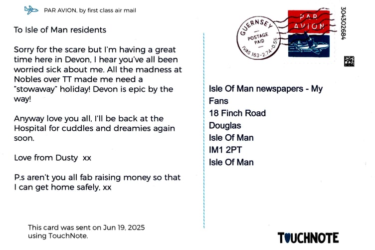 The writing on the postcard from Dusty