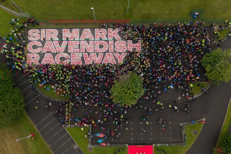 Aerial shot of the new Sir Mark Cavendish Raceway artwork, which has names of about 1,000 Manx school children featured in a mural on the tarmac