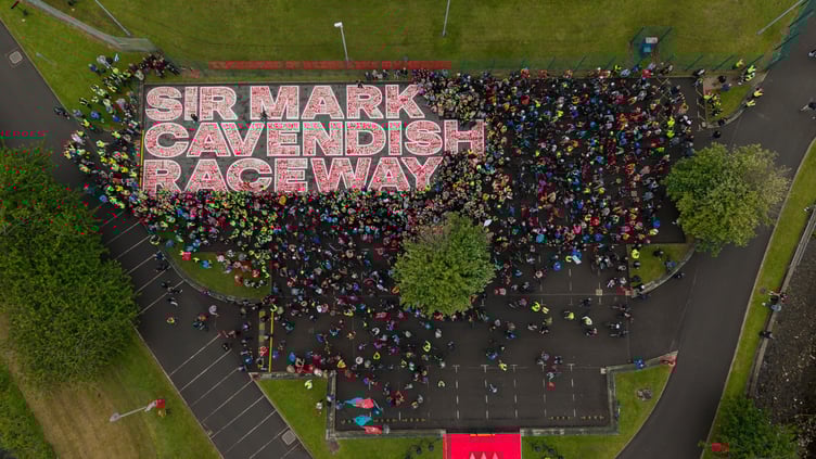Aerial shot of the new Sir Mark Cavendish Raceway artwork, which has names of about 1,000 Manx school children featured in a mural on the tarmac