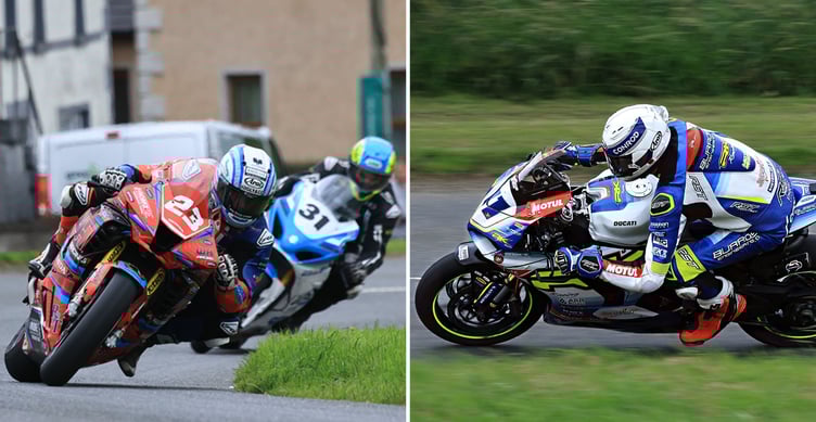 (Left) Marcus Simpson leading Shaun Anderson in the first open race. Simpson finished fifth in the two open capacity events and the Supertwin race. (Right) Conor Cummins on the Burrows Engineering/RK Racing Ducati at last weekend's Tandragee 100 (Photos: Baylon McCaughey)