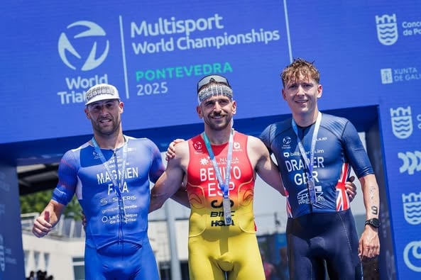 Will Draper (right) after finishing on the World Triathlon Long Distance Championships in Spain at the weekend