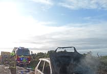 Car gutted in vehicle blaze as firefighters spend an hour at the scene