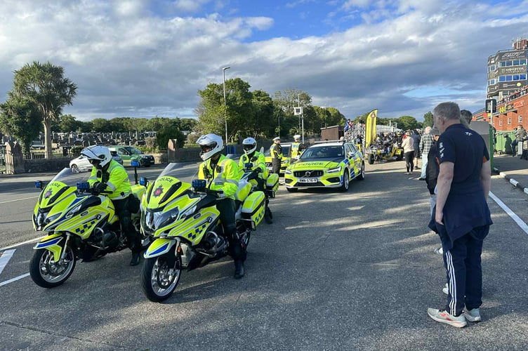 The Isle of Man Constabulary ready to set off at 7pm on Wednesday evening for the Joey Dunlop Parade Lap