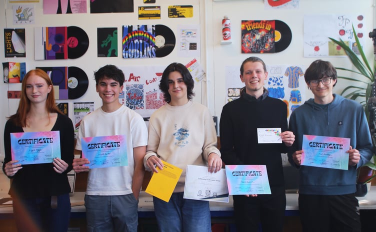 GCSE Graphic Design student winners Freya Hogg, Joseph Barker, Benjy Berhman, Phelim Bullock and Kai Harding