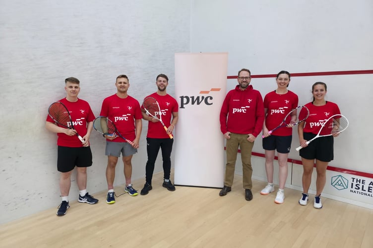 The Isle of Man squash team has received sponsorship from PwC for the Games. Pictured (left to right) Patrick Fitzpatrick, Thomas Whiteway, Josh Green, Johann Marais (corporate responsibility leader, PwC Isle of Man), Beth Jones and Clare Townsend