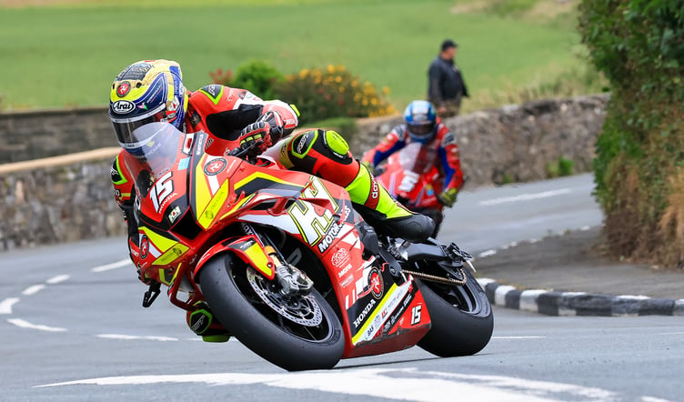 Isle of Man rider Nathan Harrison leads Laxey resident Dean Harrison during practice at the Southern 100 earlier this week (Photo: Baylon McCaughey)