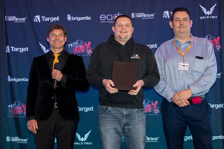 BuildIT's William Duquemin (centre) receiving his award at the recent Tech for Tech Awards