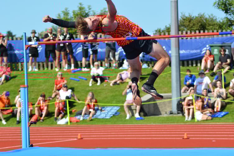 Regan Corrin on his way to claiming Team Isle of Man’s first gold medal at the 2025 Orkney Island Games when winning the men’s high jump with an effort of 1.97 metre at the Pickaquoy track in Kirkwall (Photo: Andy Dalrymple)