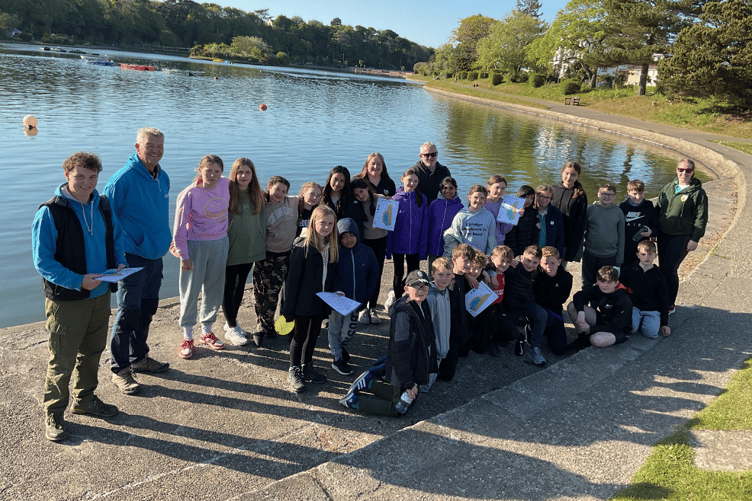 Venture Centre staff along with children & staff from Cronk Y Berry Primary School launch the new water based permanent orienteering course on Mooragh Park Lake, Ramsey.