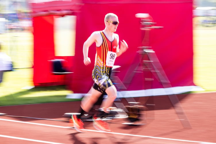 Corrin Leeming during his record-breaking run in the men's 10,000m race at the Island Games on Monday evening (Photo: Gary Weightman)