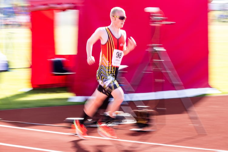 Corrin Leeming during his record-breaking run in the men's 10,000m race at the Island Games on Monday evening (Photo: Gary Weightman)