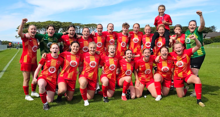 The Isle of Man women's football team celebrate after defeating the Western Isles in a dramatic penalty shootout to book their place in Friday's final against Bermuda (Photo: Paul Hatton)