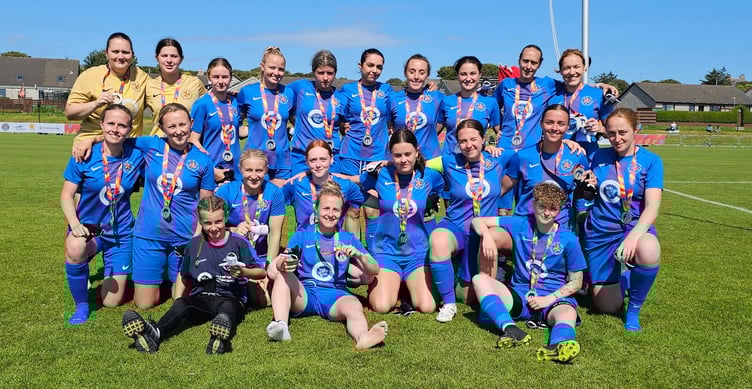 The Isle of Man women's football team with their silver medals after narrowly missing out on gold at the Island Games on Friday afternoon (Photo: Paul Hatton)