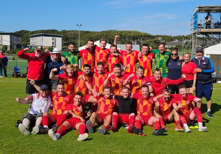 The Isle of Man men’s football team celebrate after clinching a bronze medal at the Island Games after beating Jersey 3-2 in the third-place play-off (Photo: Paul Hatton)