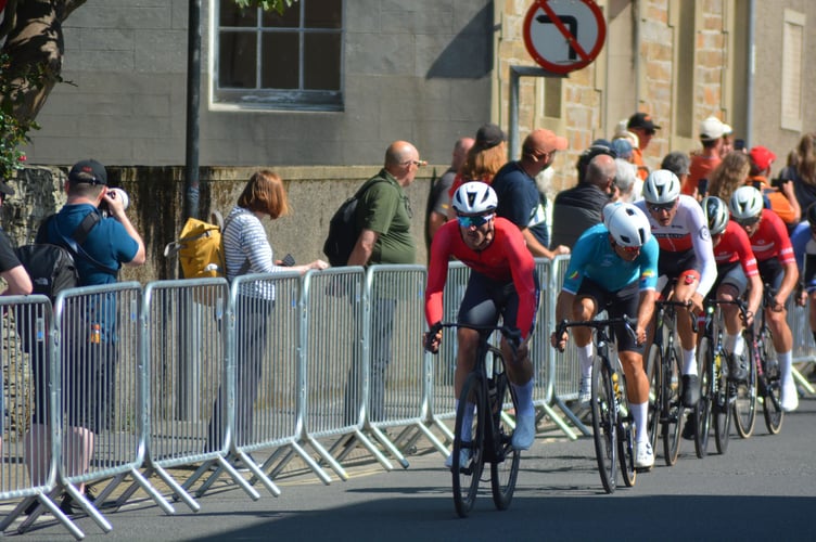 Tyler Hannay puts a stint in on front of the leading group during Friday's town centre criterium in Kirkwall on Friday and (Photo: Andy Dalrymple)
