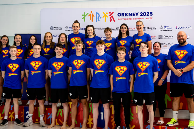 On the final day of competition in Orkney, the Isle of Man swimmers donned their ‘SuperManx’ t-shirts to remember former team manager Leonie Cooil who sadly passed away in 2018 (Photo: Euan Duff)