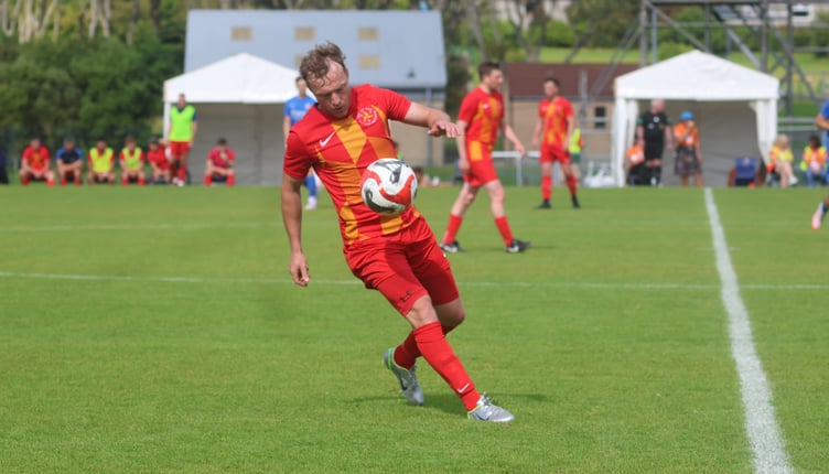 Chris Bass Jr in action for the Isle of Man against Jersey in the bronze medal play-off, making a record-breaking 90th appearance for the Manx national side (Photo: Paul Hatton)
