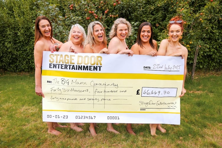 The cast of Calendar Girls with the cheque to the BIG Manx Charity