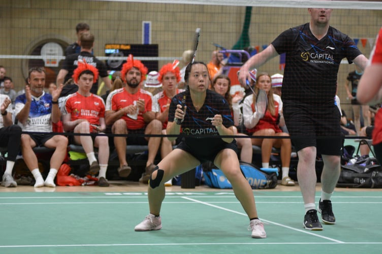 The Isle of Man's Jess Li and Matt Nicholson take on Greenland in the badminton team competition. The Pickchoy Centre, which hosted swimming, badminton, squash, archery and athletics, was the hub of the Games (Photo: Andy Dalrymple)