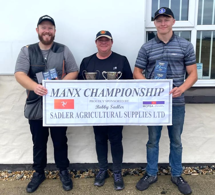 The top three in the English Skeet Manx Championship at Ayre Clay Target Club last weekend, including overall winner Rachael Bowen-Matthews with the trophy