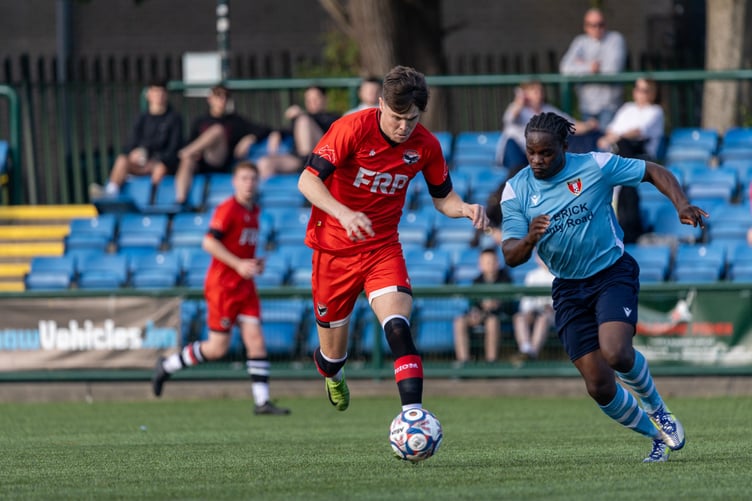 FC Isle of Man's Charlie Higgins on the charge against Litherland REMYCA in Saturday evening's season opener at the Bowl (Photo: Hannah McHugh)