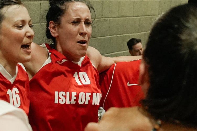 Isle of Man women's team celebrate beating Ynys Mon