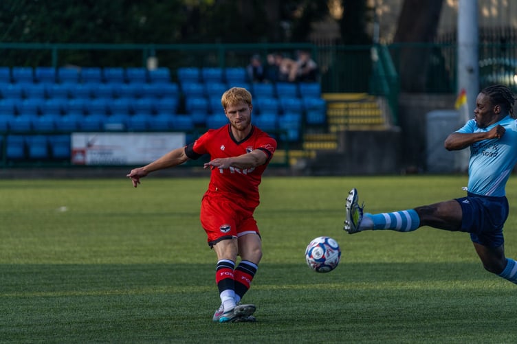 FC Isle of Man's Callum Sherry is closed down by a Litherland opponent during Saturday's 0-0 draw at the Bowl (Photo: Hannah McHugh)