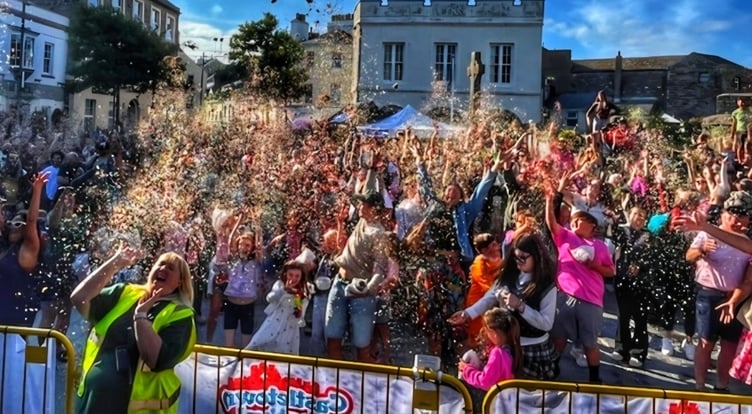 Confetti is sprayed around the Market Square