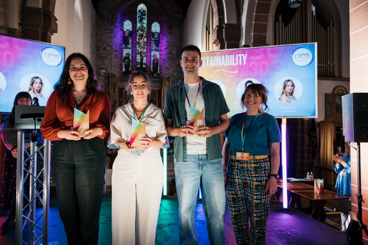 Gef 30 Under 30 2025 Sustainability category winners, Rachel Smith, Rafaela Correia, and Greg Watson with Biosphere's Jacqui Keenan