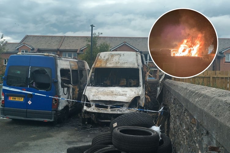 A Tyre Mann van and another van next to it were both destroyed in the blaze on Sunday evening 